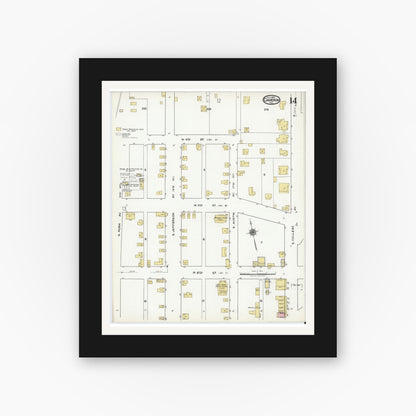 Old map wall art mockup — black gallery frame with white mat — Sanborn Fire Insurance Map from Cameron, Milam County, Texas (1920), Sheet #0014