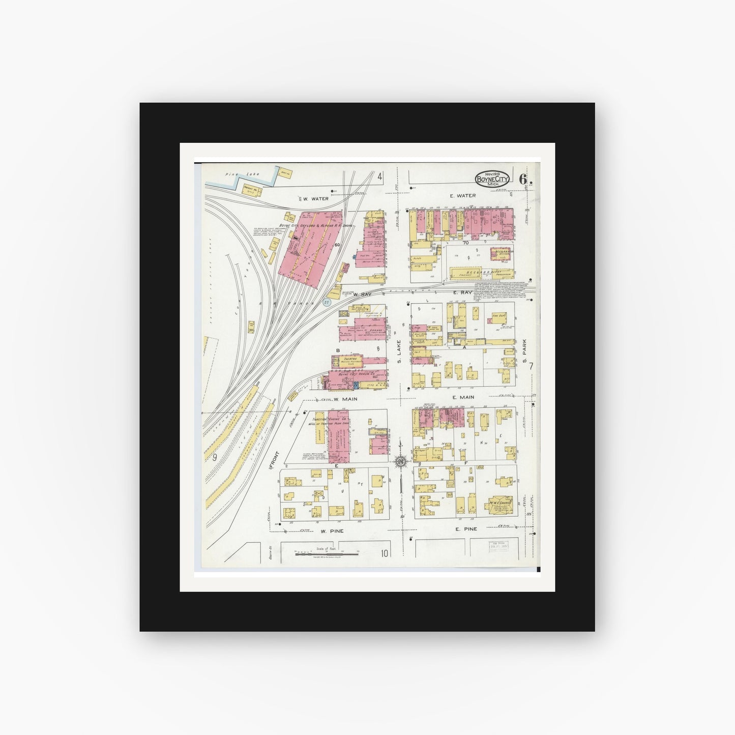 Old map wall art mockup — black gallery frame with white mat — Sanborn Fire Insurance Map from Boyne City, Charlevoix County, Michigan (1919), Sheet #0006