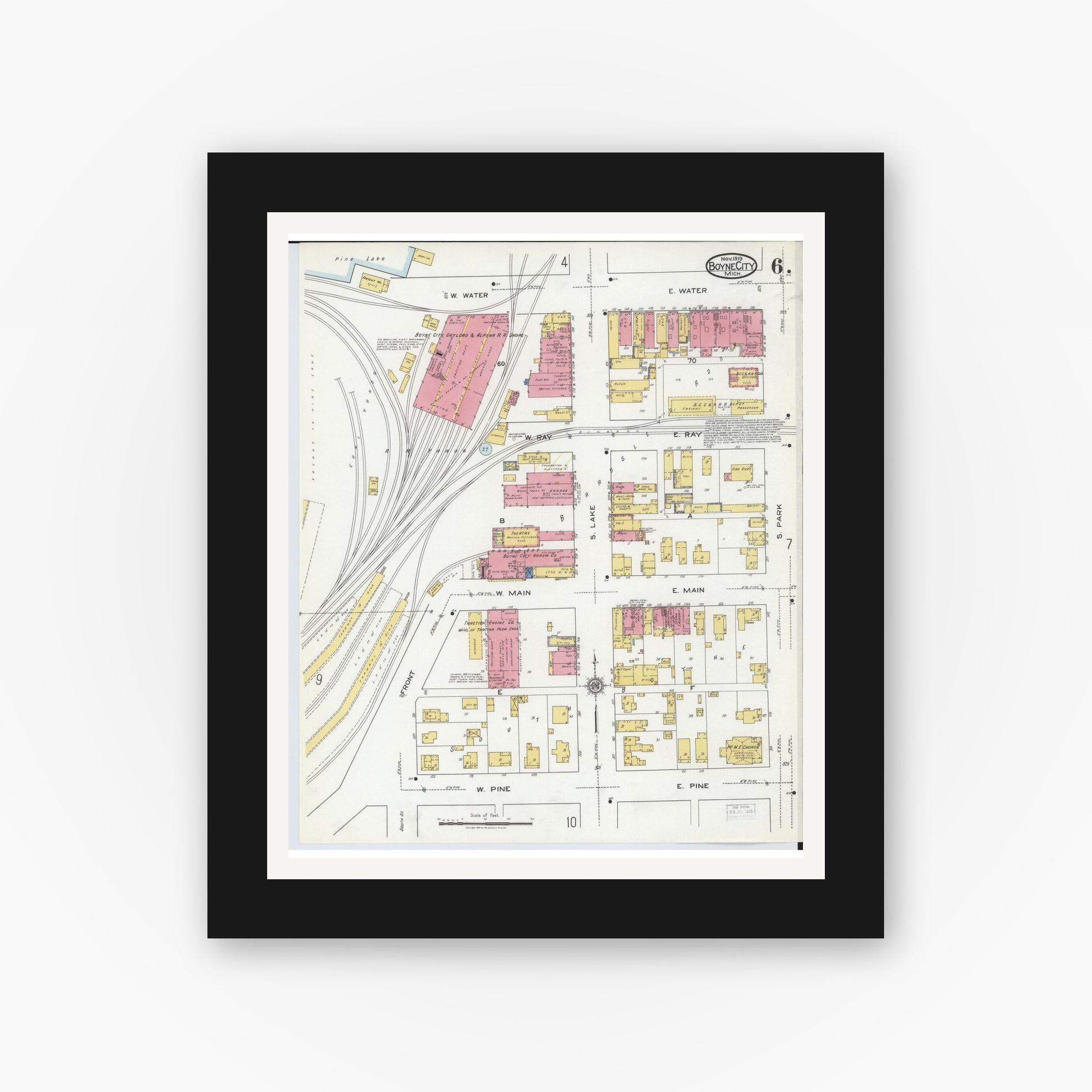 Old map wall art mockup — black gallery frame with white mat — Sanborn Fire Insurance Map from Boyne City, Charlevoix County, Michigan (1919), Sheet #0006