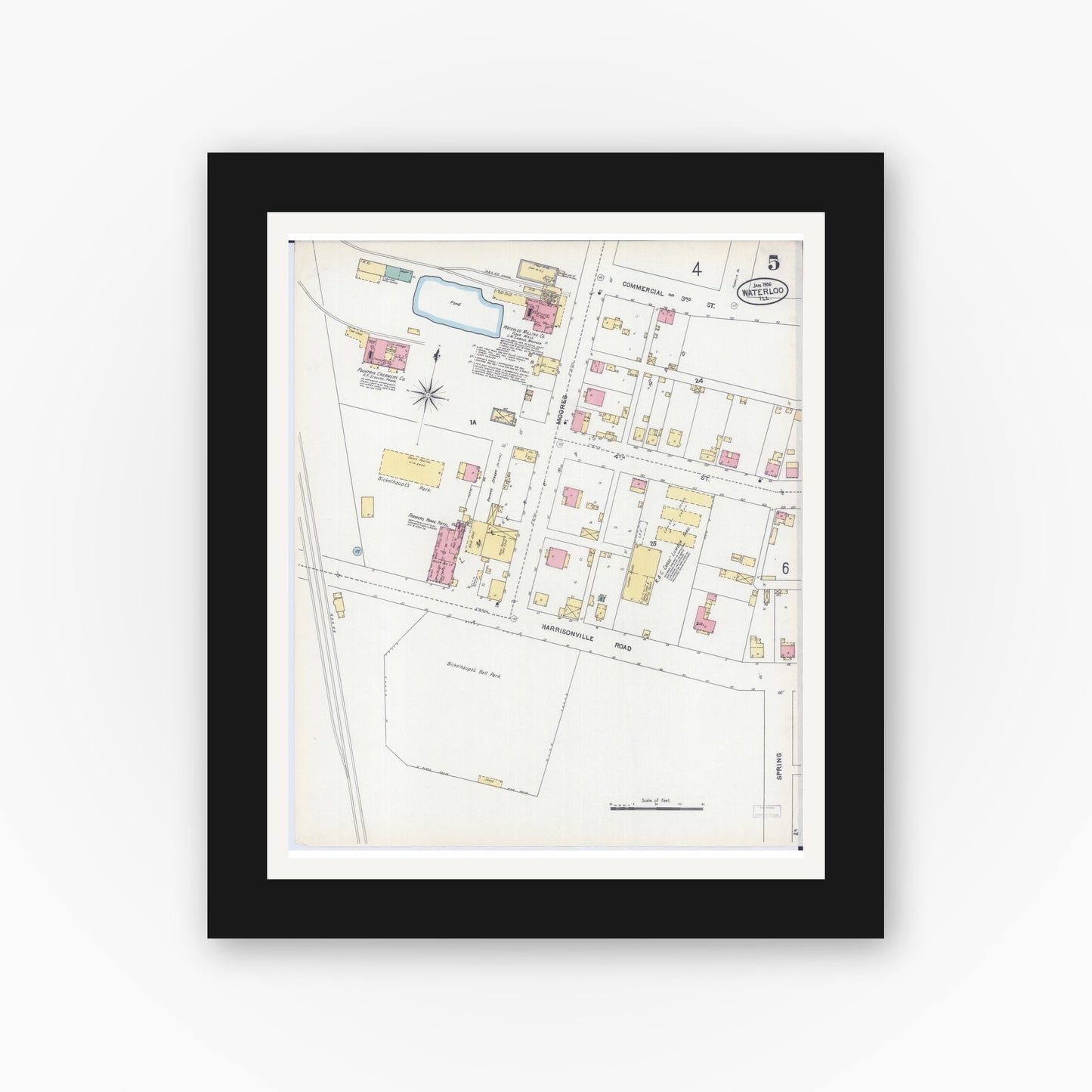 Old map wall art mockup — black gallery frame with white mat — Sanborn Fire Insurance Map from Waterloo, Monroe County, Illinois (1906), Sheet #0005