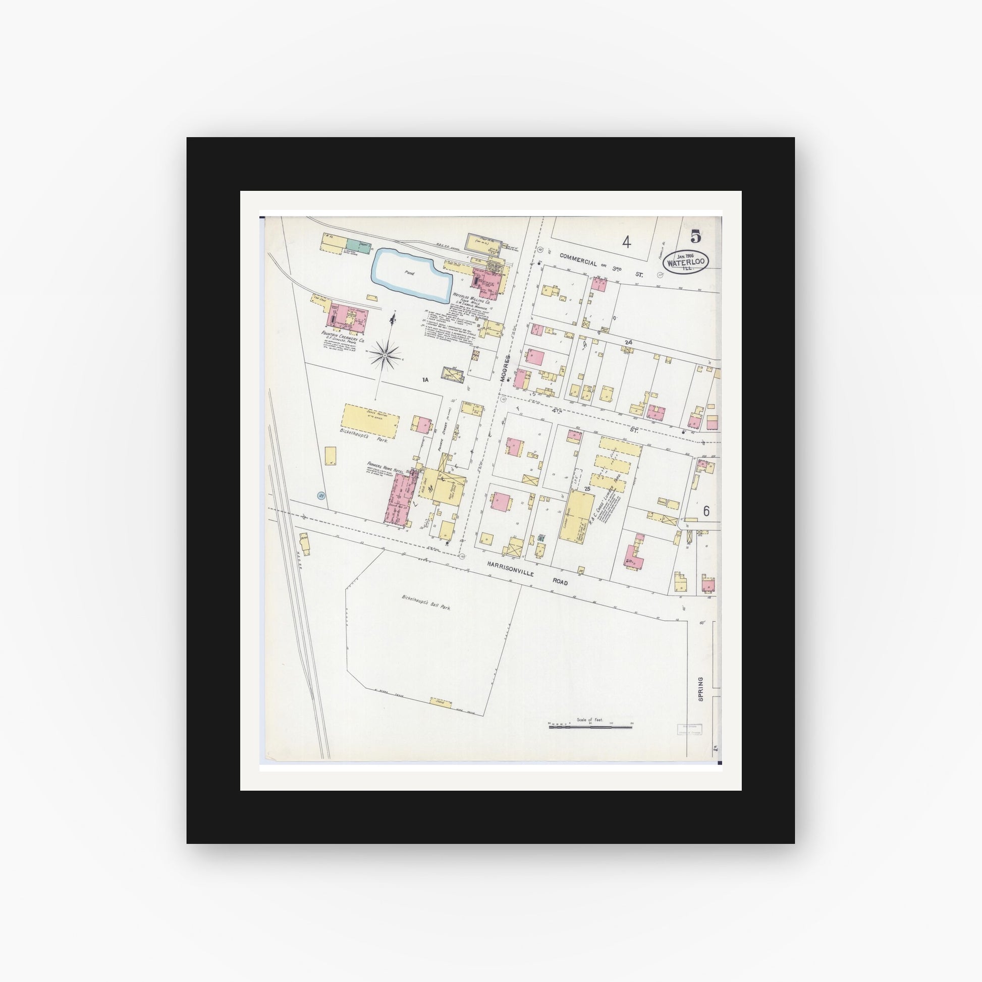 Old map wall art mockup — black gallery frame with white mat — Sanborn Fire Insurance Map from Waterloo, Monroe County, Illinois (1906), Sheet #0005