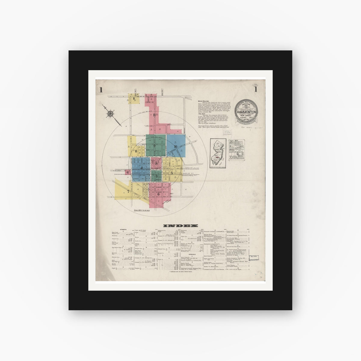 Old map wall art mockup — black gallery frame with white mat — Sanborn Fire Insurance Map from Hammonton, Atlantic County, New Jersey (1923) - Complete Map Set