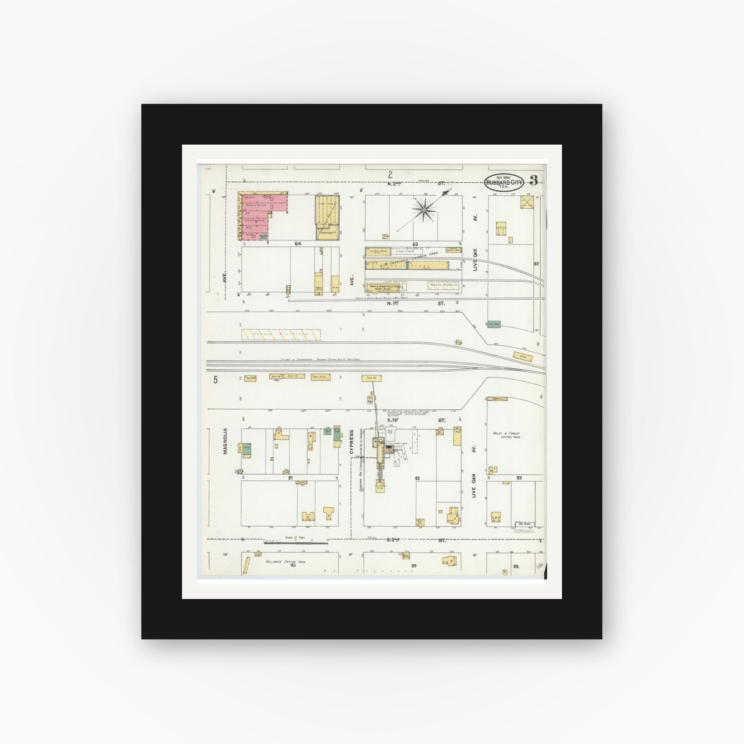 Old map wall art mockup — black gallery frame with white mat — Sanborn Fire Insurance Map from Hubbard, Hill County, Texas (1904), Sheet #0003