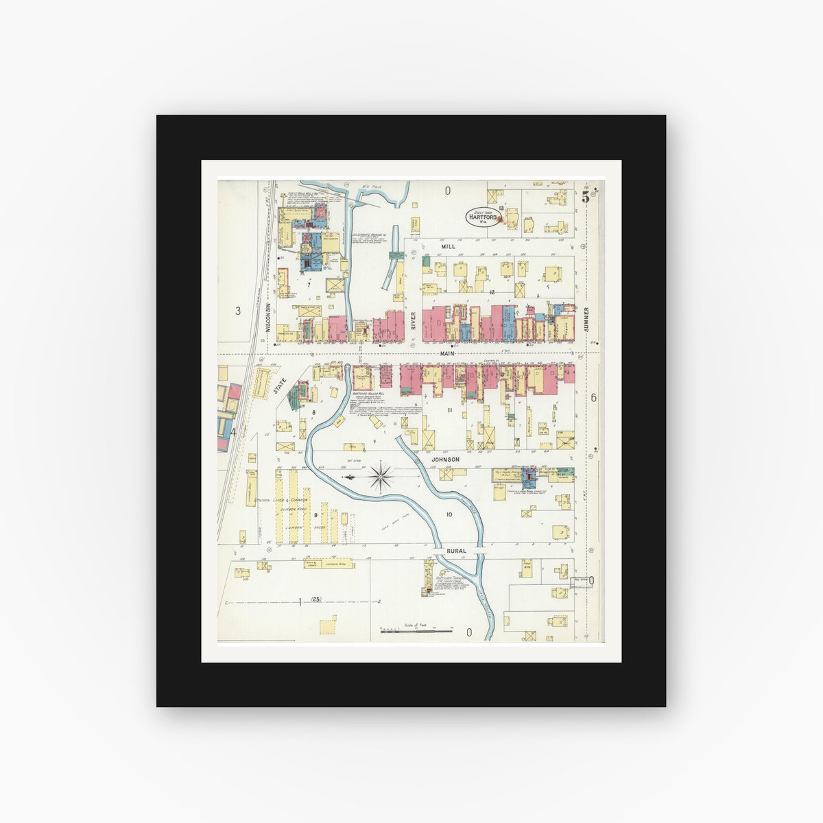 Old map wall art mockup — black gallery frame with white mat — Sanborn Fire Insurance Map from Hartford, Washington County, Wisconsin (1907), Sheet #0005