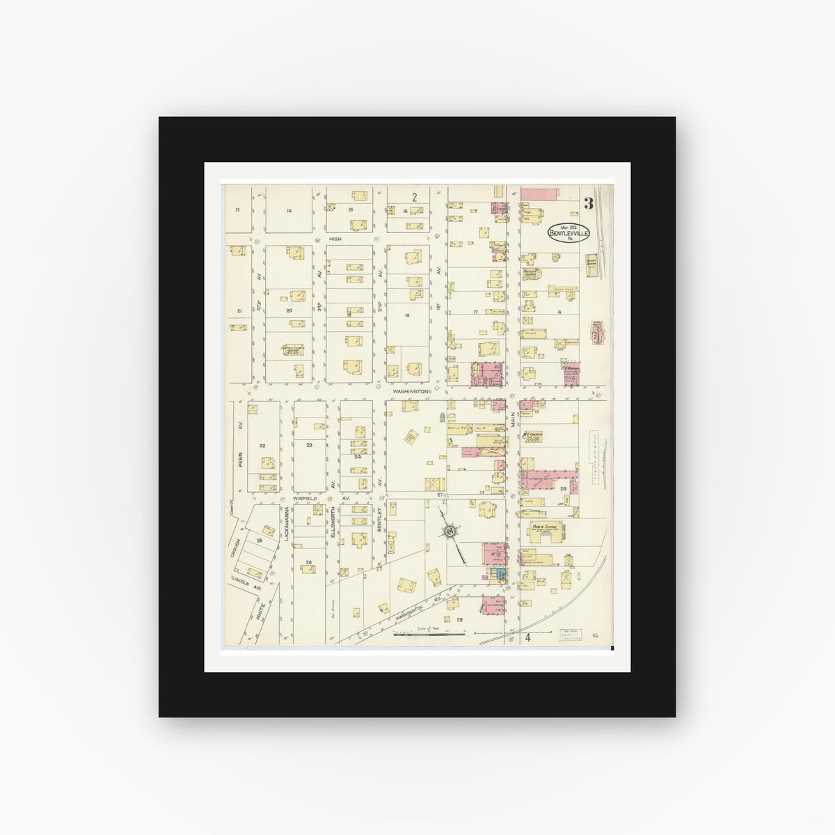 Old map wall art mockup — black gallery frame with white mat — Sanborn Fire Insurance Map from Bentleyville, Washington County, Pennsylvania (1913), Sheet #0003