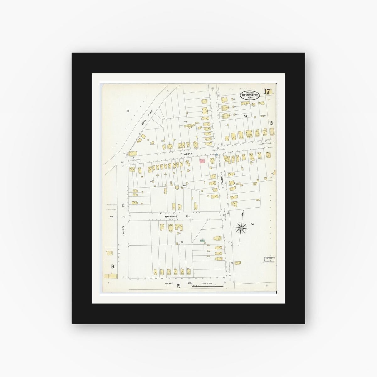 Old map wall art mockup — black gallery frame with white mat — Sanborn Fire Insurance Map from Hempstead, Nassau County, New York (1909), Sheet #0017