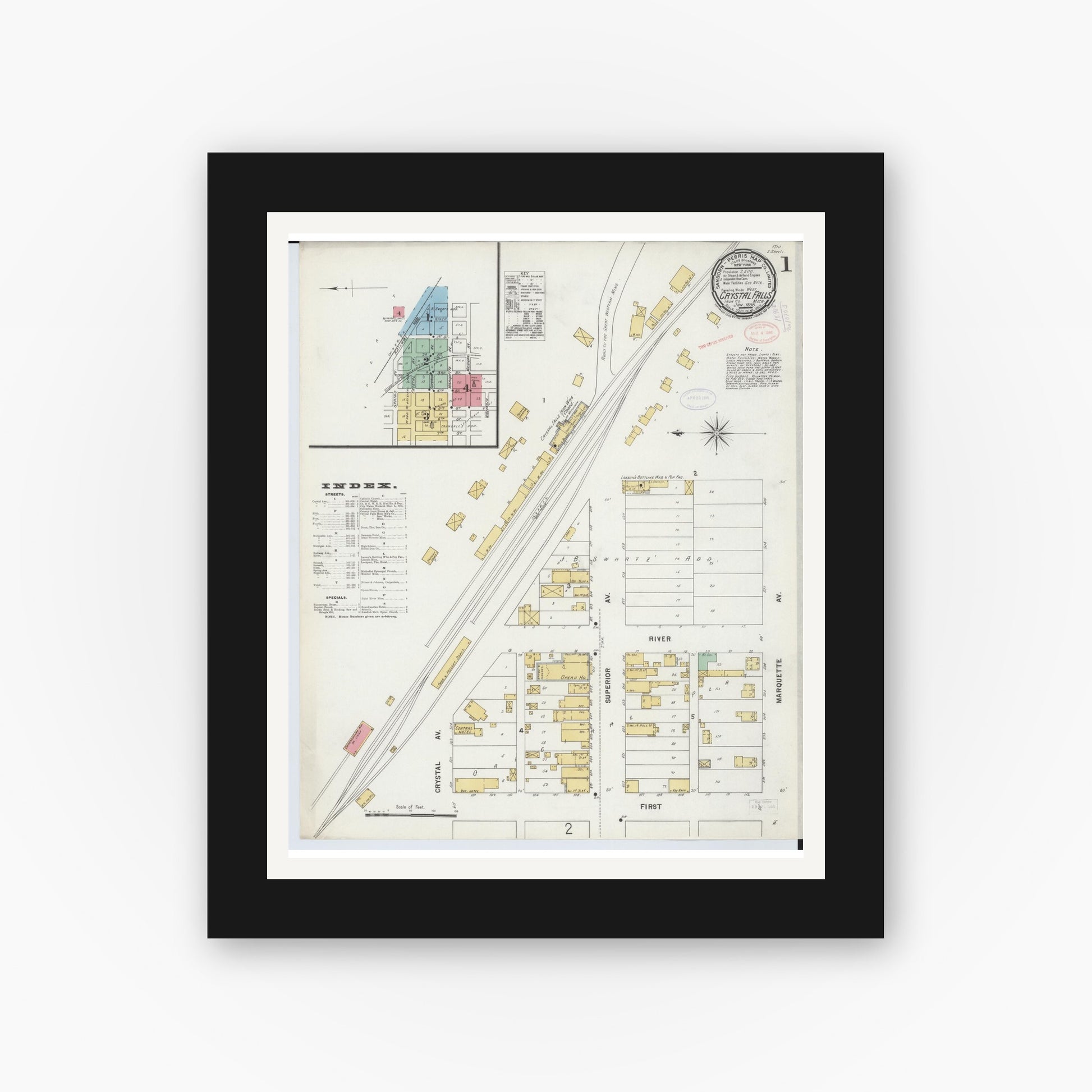 Old map wall art mockup — black gallery frame with white mat — Sanborn Fire Insurance Map from Crystal Falls, Iron County, Michigan (1898), Sheet #0001
