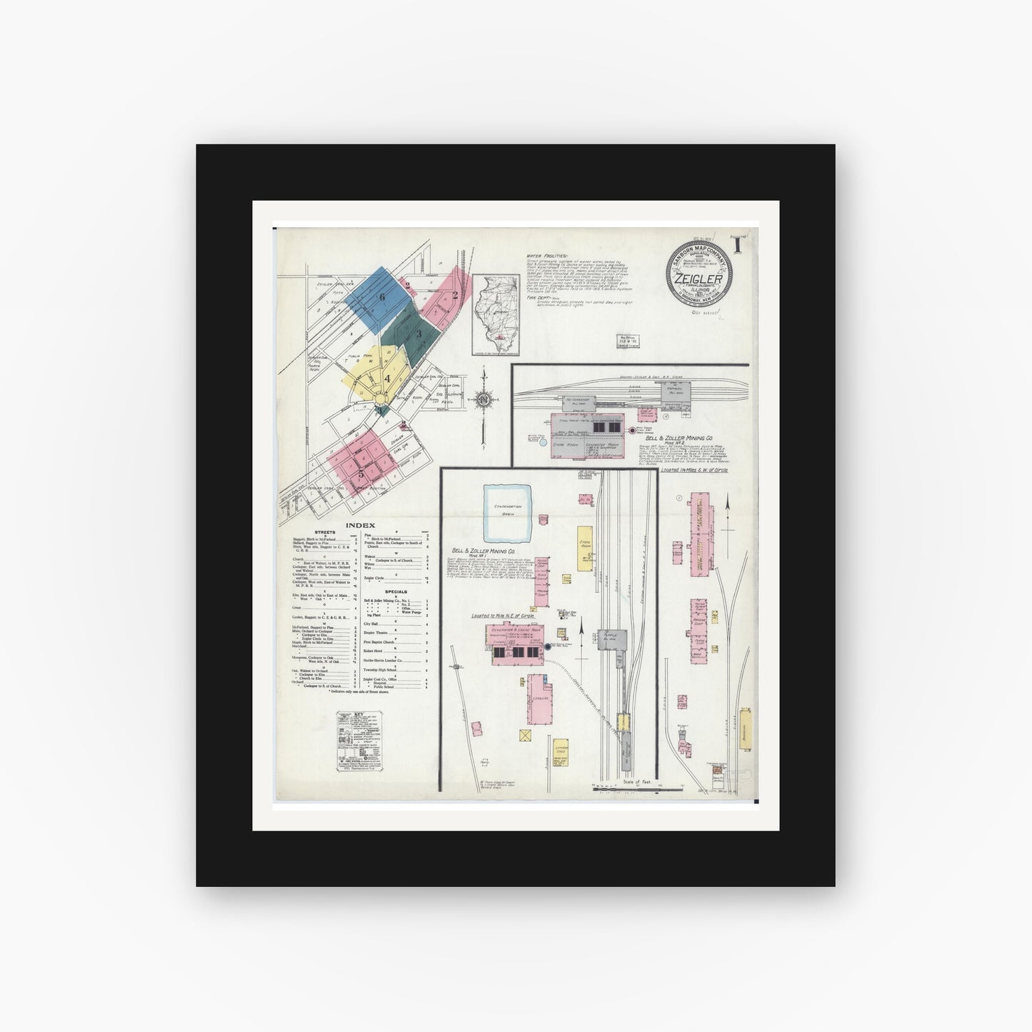 Old map wall art mockup — black gallery frame with white mat — Sanborn Fire Insurance Map from Zeigler, Franklin County, Illinois (1921) - Complete Map Set