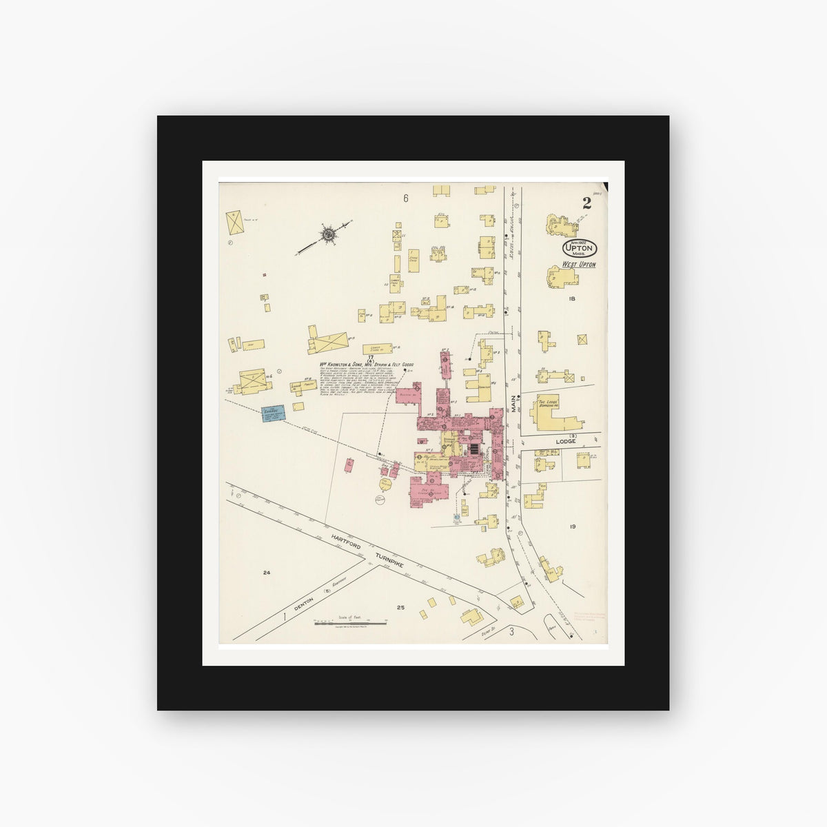 Old map wall art mockup — black gallery frame with white mat — Sanborn Fire Insurance Map from Upton, Worcester County, Massachusetts (1922), Sheet #0002