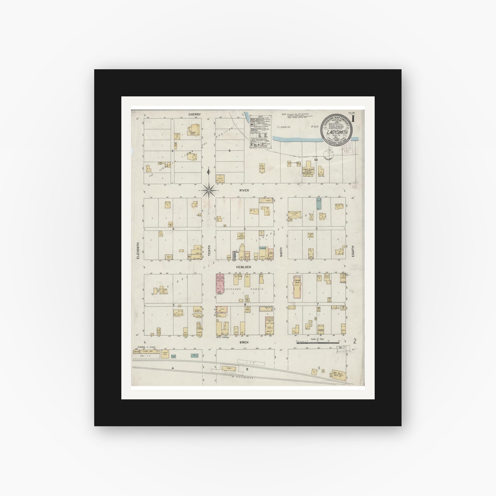 Old map wall art mockup — black gallery frame with white mat — Sanborn Fire Insurance Map from Ladysmith, Rusk County, Wisconsin (1902), Sheet #0001