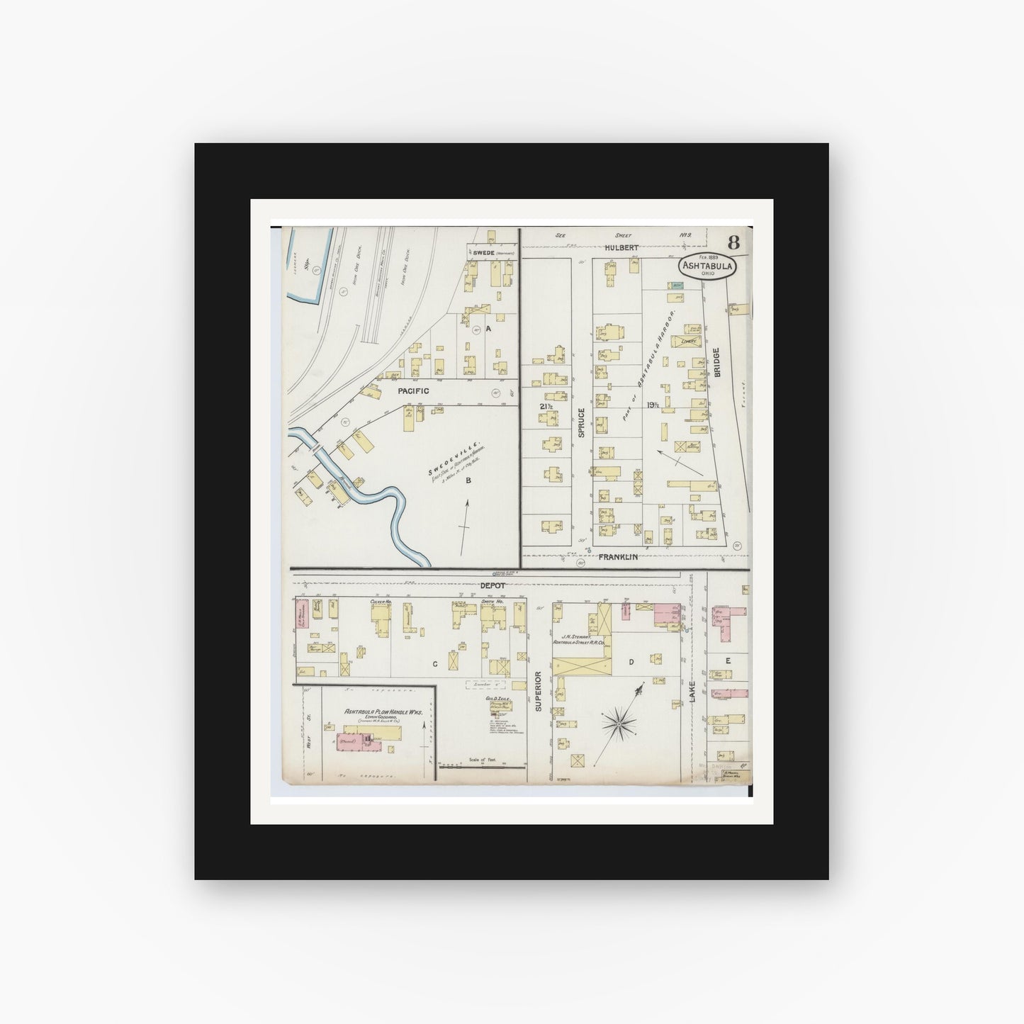 Old map wall art mockup — black gallery frame with white mat — Sanborn Fire Insurance Map from Ashtabula, Ashtabula County, Ohio (1889), Sheet #0008