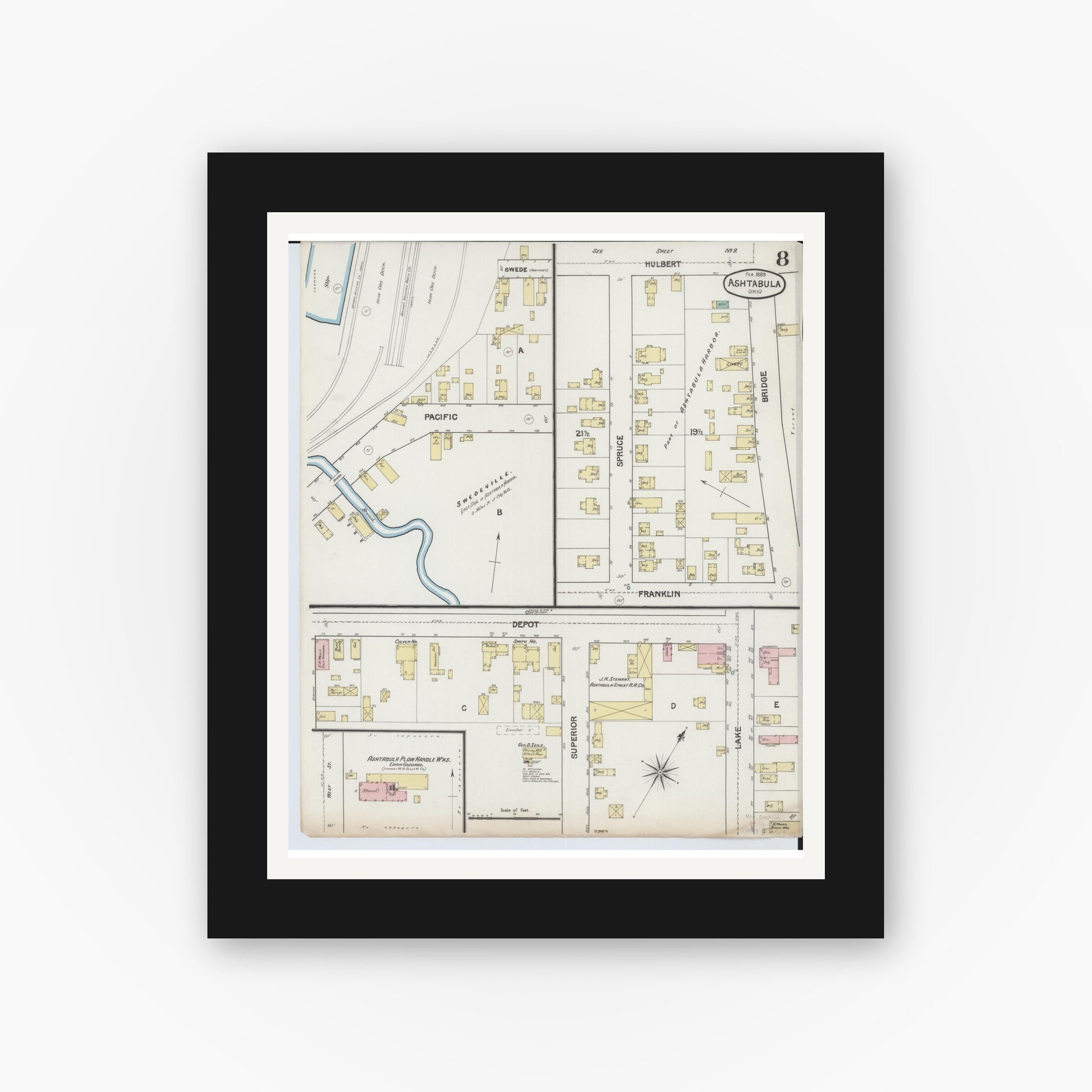 Old map wall art mockup — black gallery frame with white mat — Sanborn Fire Insurance Map from Ashtabula, Ashtabula County, Ohio (1889), Sheet #0008