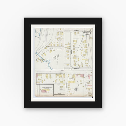 Old map wall art mockup — black gallery frame with white mat — Sanborn Fire Insurance Map from Ashtabula, Ashtabula County, Ohio (1889), Sheet #0008