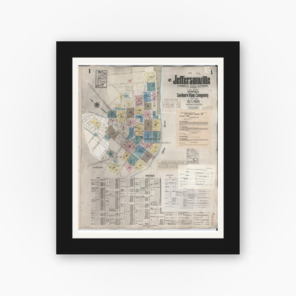 Old map wall art mockup — black gallery frame with white mat — Sanborn Fire Insurance Map from Jeffersonville, Clark County, Indiana (1949), Sheet #0001