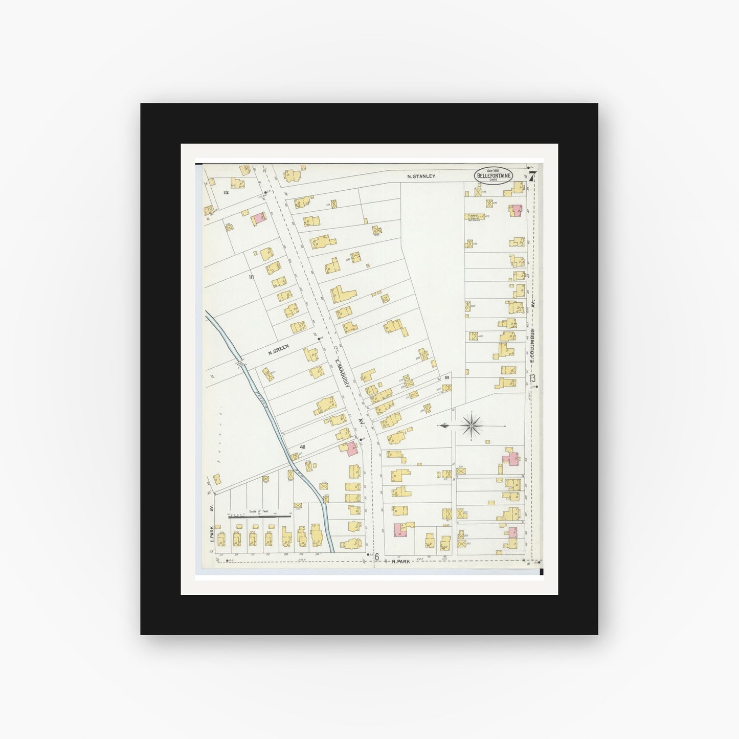 Old map wall art mockup — black gallery frame with white mat — Sanborn Fire Insurance Map from Bellefontaine, Logan County, Ohio (1901), Sheet #0007