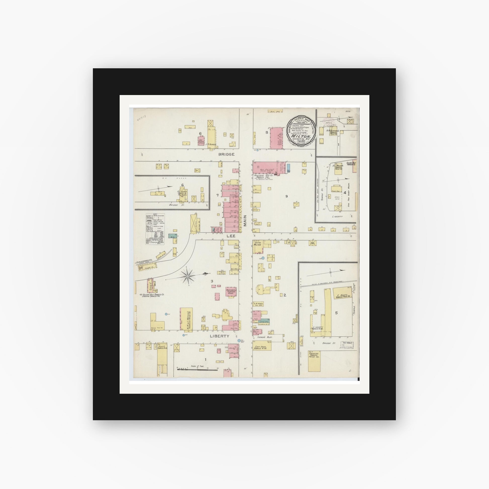 Old map wall art mockup — black gallery frame with white mat — Sanborn Fire Insurance Map from Milton, Caswell County, North Carolina (1893), Sheet #0001