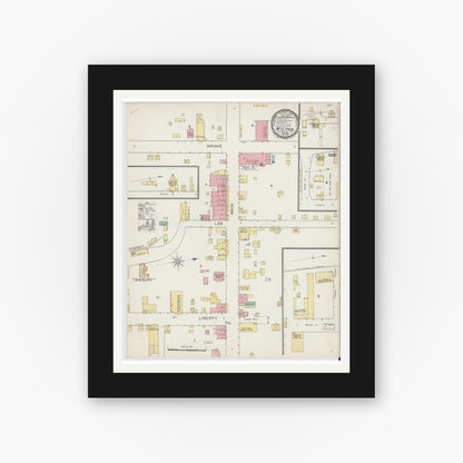 Old map wall art mockup — black gallery frame with white mat — Sanborn Fire Insurance Map from Milton, Caswell County, North Carolina (1893), Sheet #0001