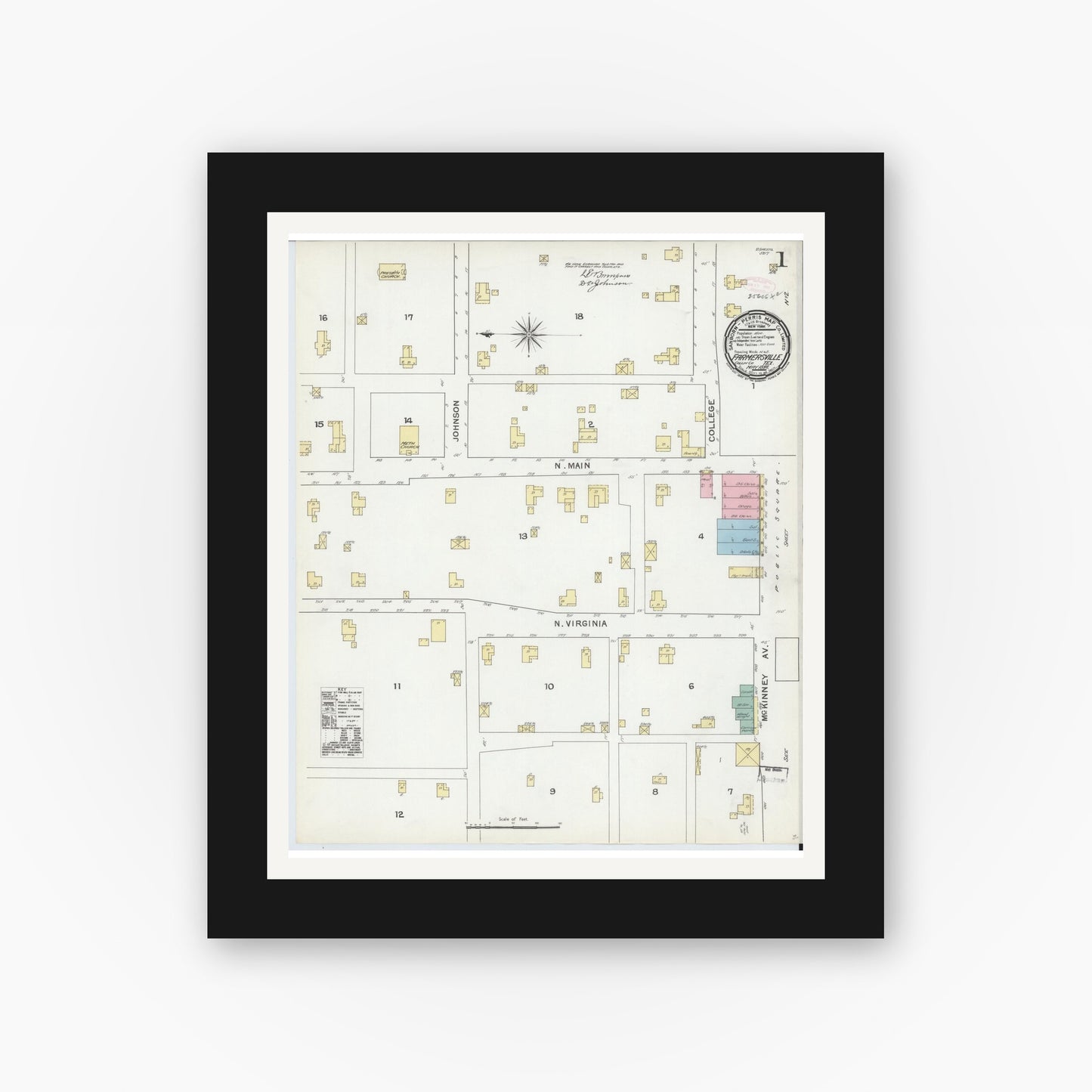 Old map wall art mockup — black gallery frame with white mat — Sanborn Fire Insurance Map from Farmersville, Collin County, Texas (1892), Sheet #0001