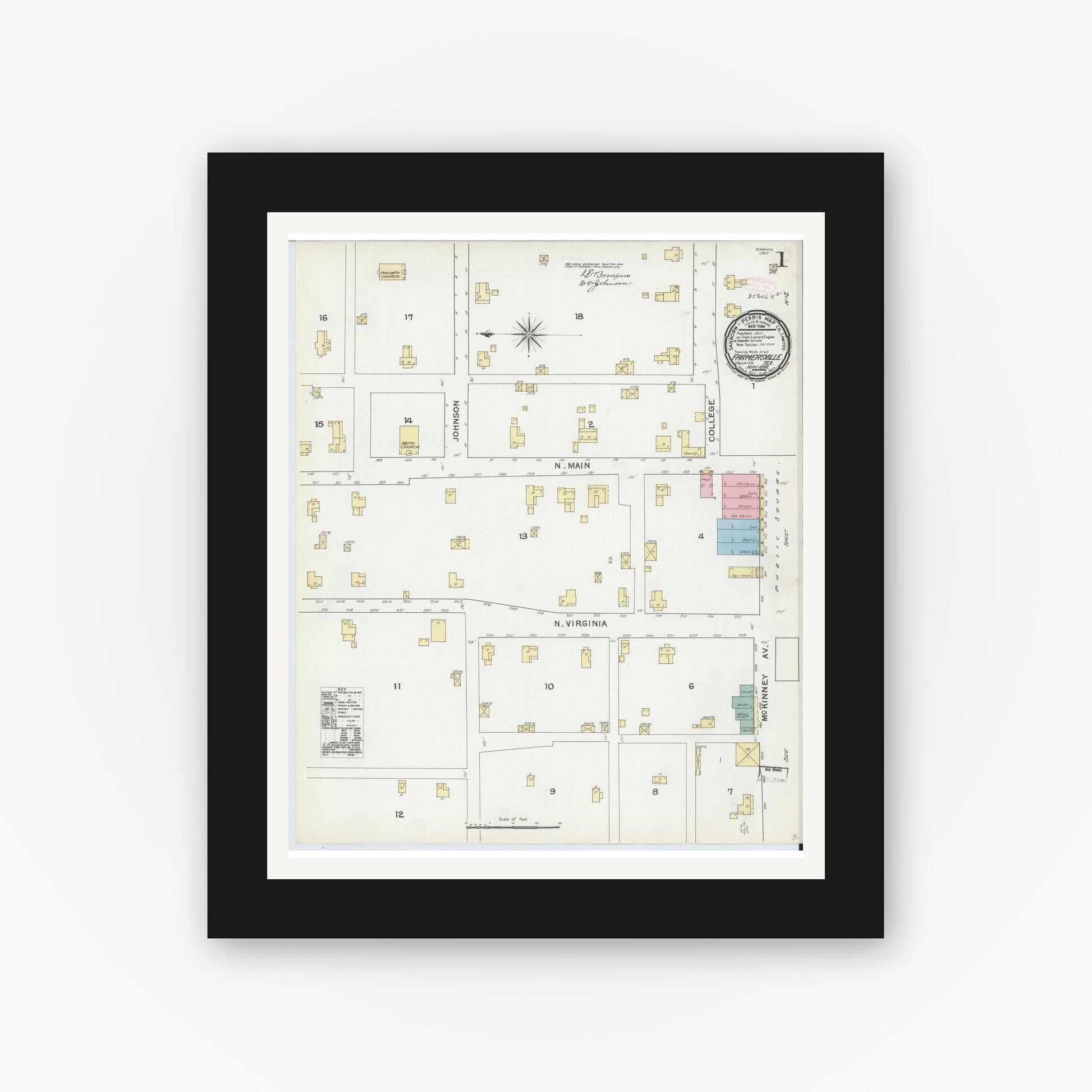 Old map wall art mockup — black gallery frame with white mat — Sanborn Fire Insurance Map from Farmersville, Collin County, Texas (1892), Sheet #0001