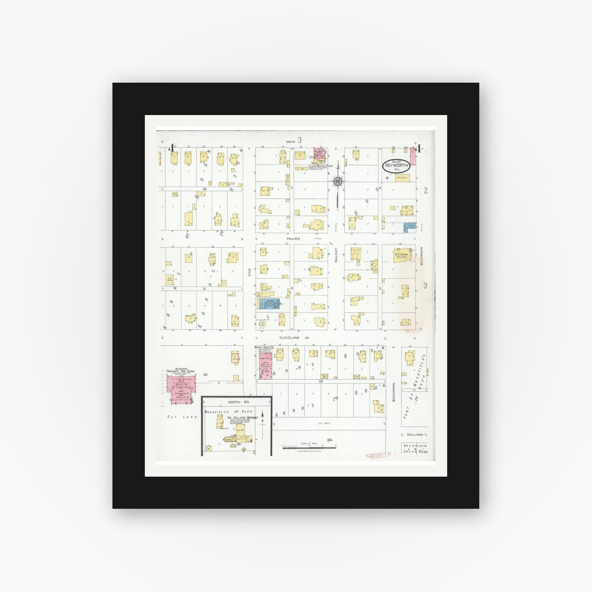 Old map wall art mockup — black gallery frame with white mat — Sanborn Fire Insurance Map from Heyworth, McLean County, Illinois (1927), Sheet #0004