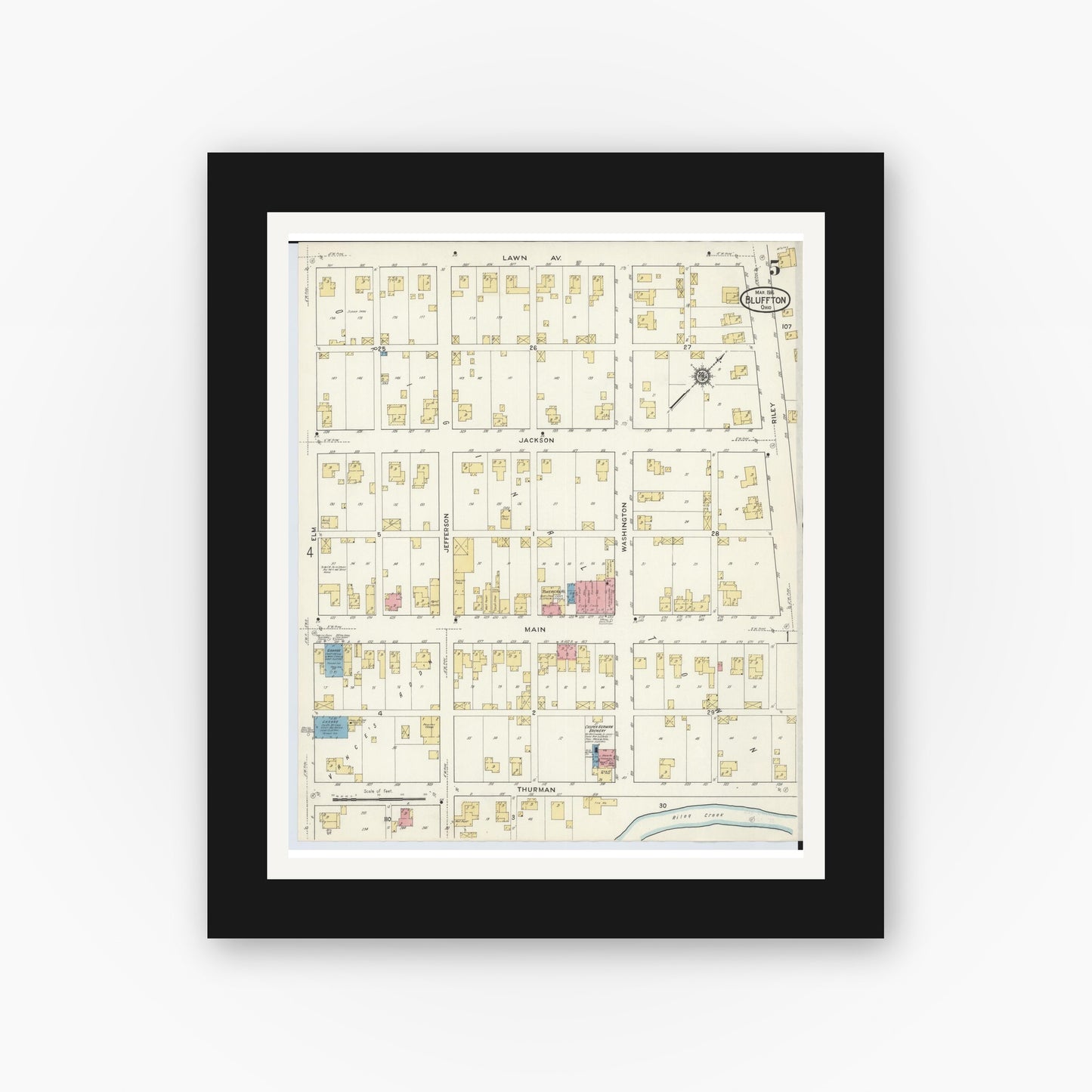Old map wall art mockup — black gallery frame with white mat — Sanborn Fire Insurance Map from Bluffton, Allen County, Ohio (1916), Sheet #0005