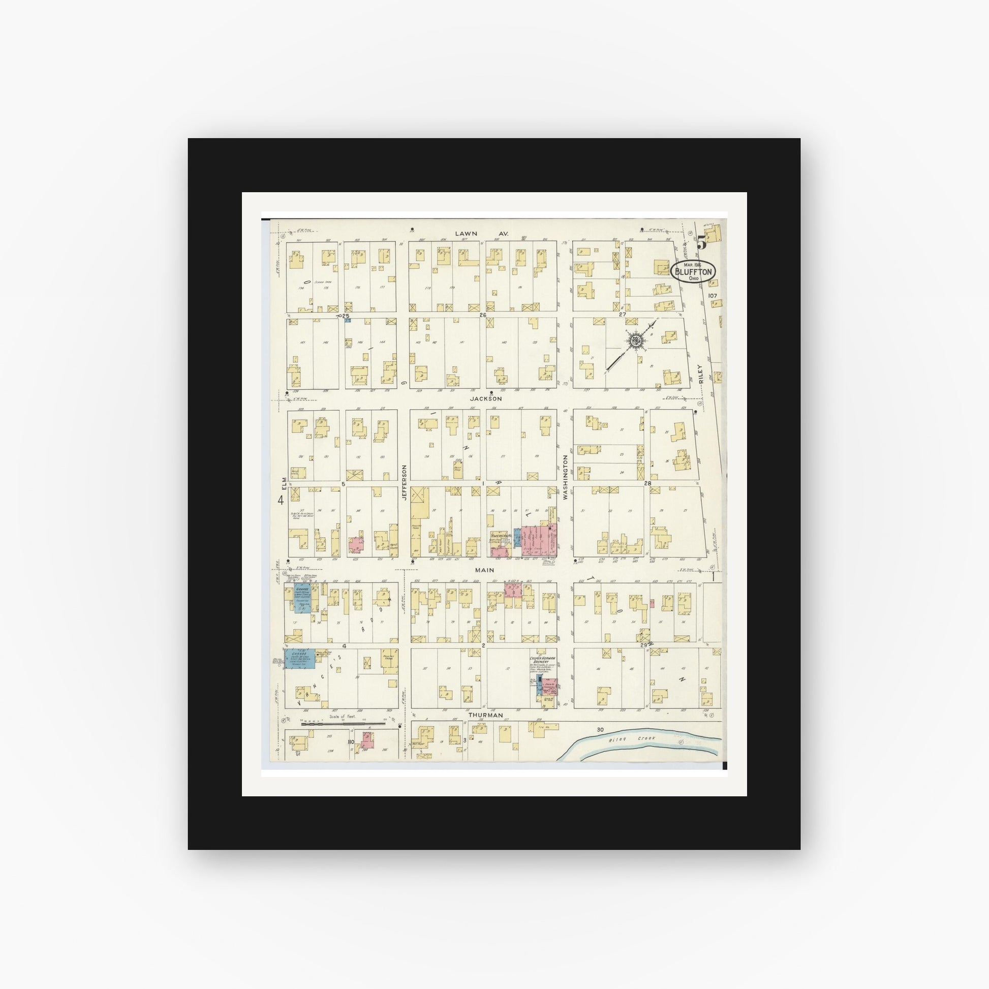 Old map wall art mockup — black gallery frame with white mat — Sanborn Fire Insurance Map from Bluffton, Allen County, Ohio (1916), Sheet #0005