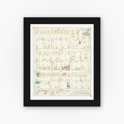 Old map wall art mockup — black gallery frame with white mat — Sanborn Fire Insurance Map from Bluffton, Allen County, Ohio (1916), Sheet #0005