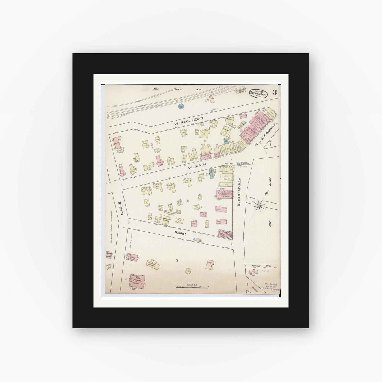 Old map wall art mockup — black gallery frame with white mat — Sanborn Fire Insurance Map from Geneva, Ashtabula County, Ohio (1885), Sheet #0003