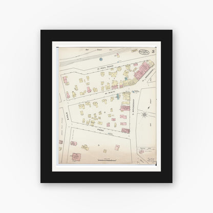 Old map wall art mockup — black gallery frame with white mat — Sanborn Fire Insurance Map from Geneva, Ashtabula County, Ohio (1885), Sheet #0003