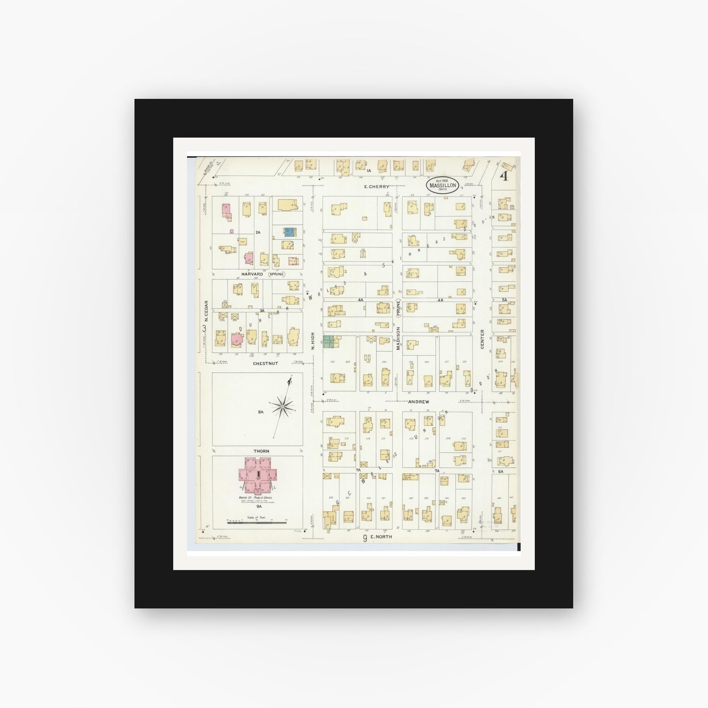 Old map wall art mockup — black gallery frame with white mat — Sanborn Fire Insurance Map from Massillon, Stark County, Ohio (1908), Sheet #0004