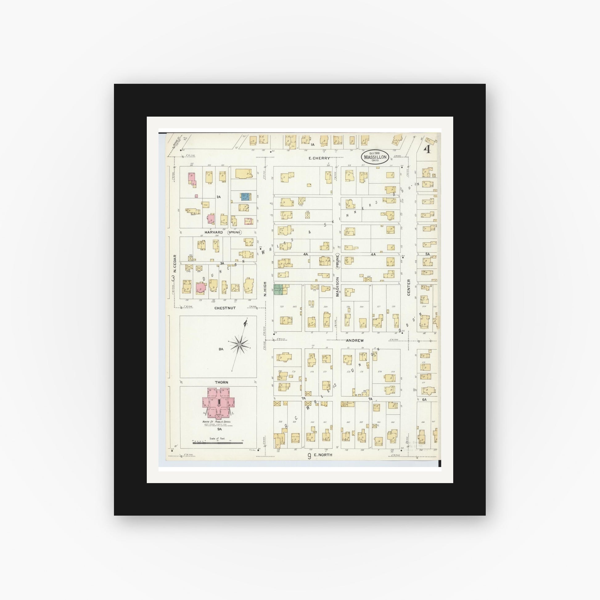 Old map wall art mockup — black gallery frame with white mat — Sanborn Fire Insurance Map from Massillon, Stark County, Ohio (1908), Sheet #0004