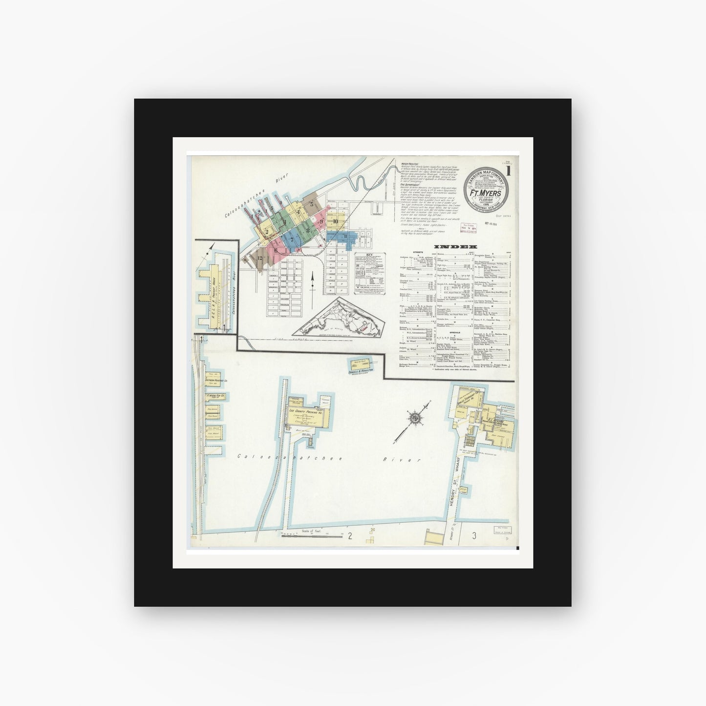 Old map wall art mockup — black gallery frame with white mat — Sanborn Fire Insurance Map from Fort Myers, Lee County, Florida (1914) - Complete Map Set