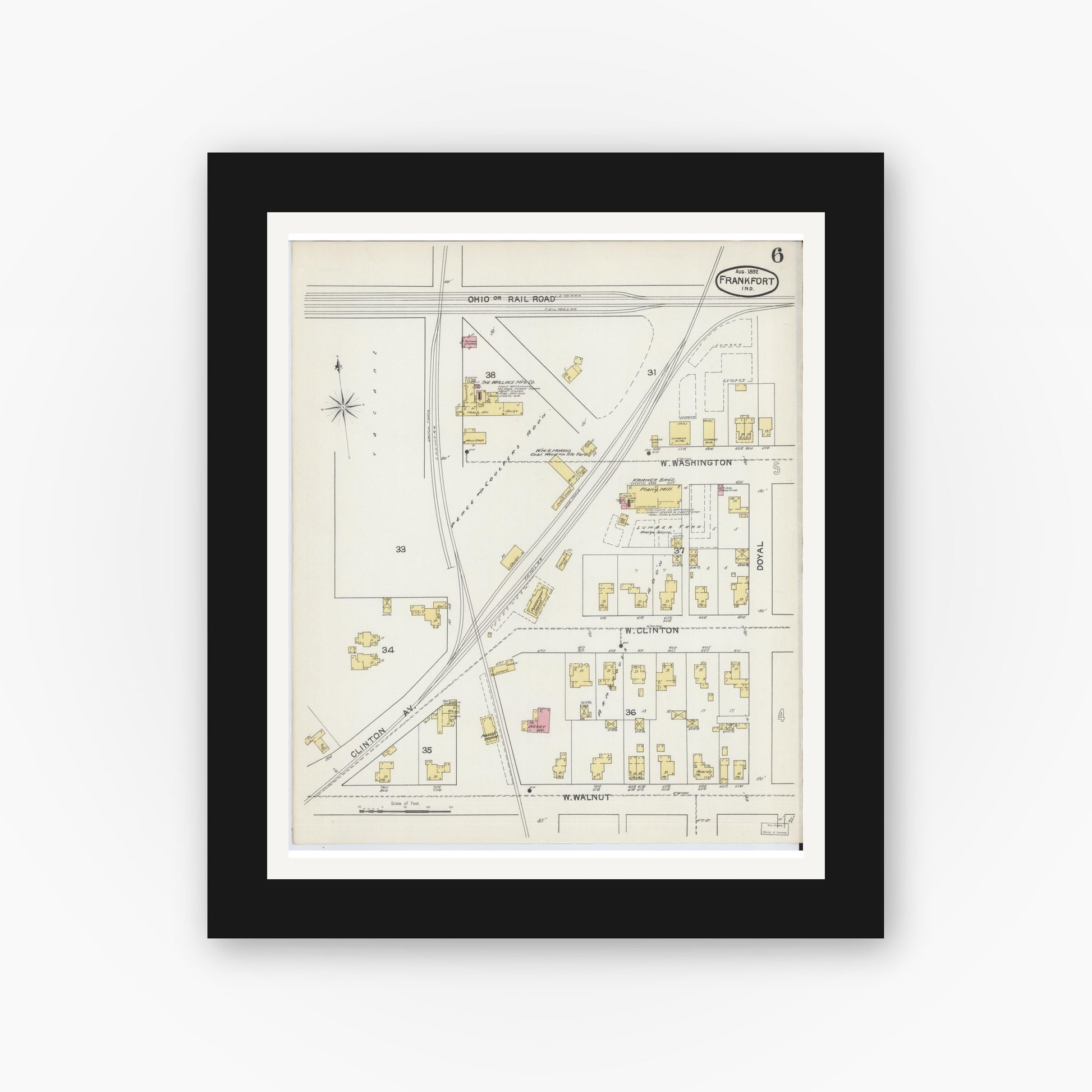 Old map wall art mockup — black gallery frame with white mat — Sanborn Fire Insurance Map from Frankfort, Clinton County, Indiana (1892), Sheet #0006