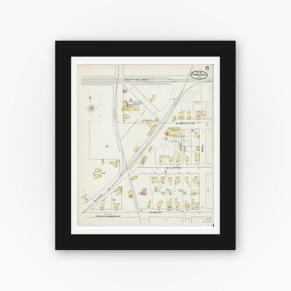 Old map wall art mockup — black gallery frame with white mat — Sanborn Fire Insurance Map from Frankfort, Clinton County, Indiana (1892), Sheet #0006