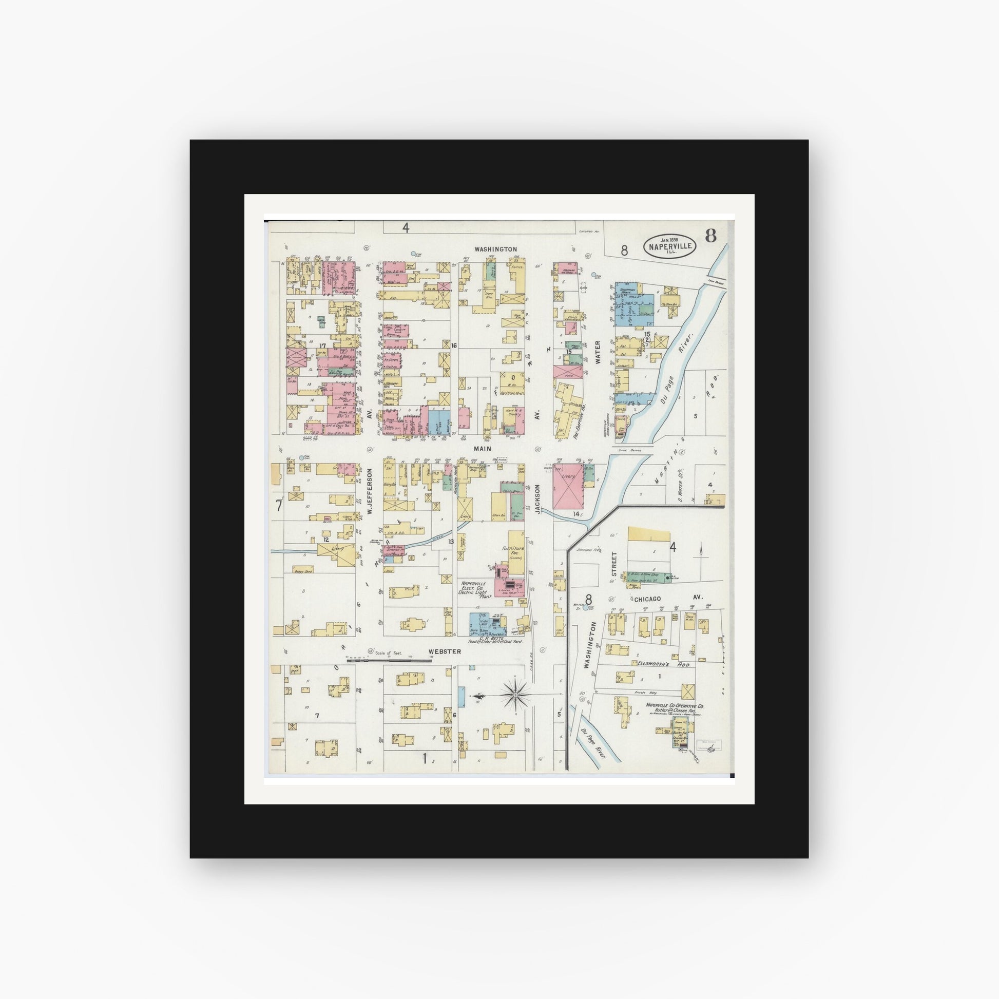 Old map wall art mockup — black gallery frame with white mat — Sanborn Fire Insurance Map from Naperville, Du Page County, Illinois (1898), Sheet #0008