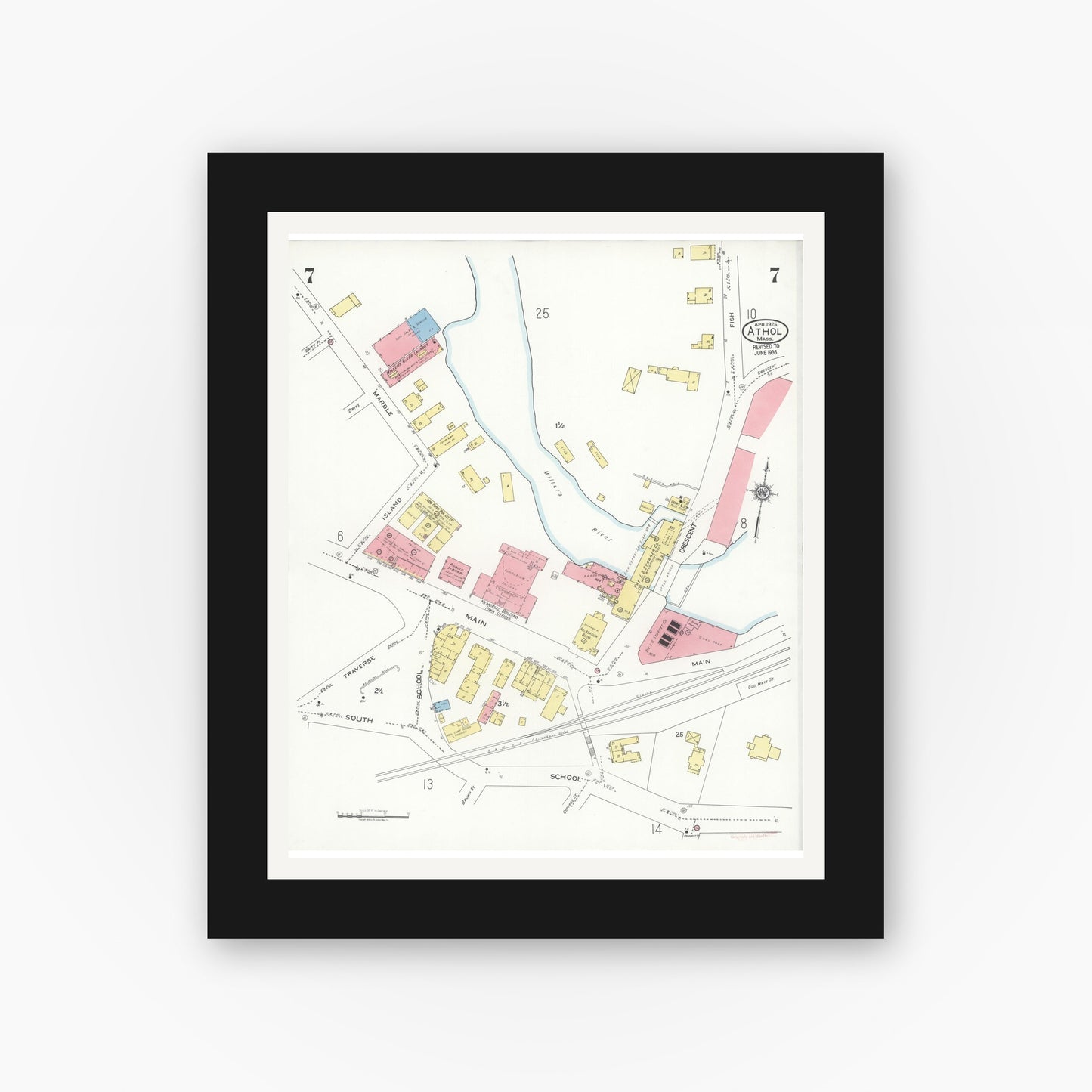 Old map wall art mockup — black gallery frame with white mat — Sanborn Fire Insurance Map from Athol, Worcester County, Massachusetts (1936), Sheet #0007