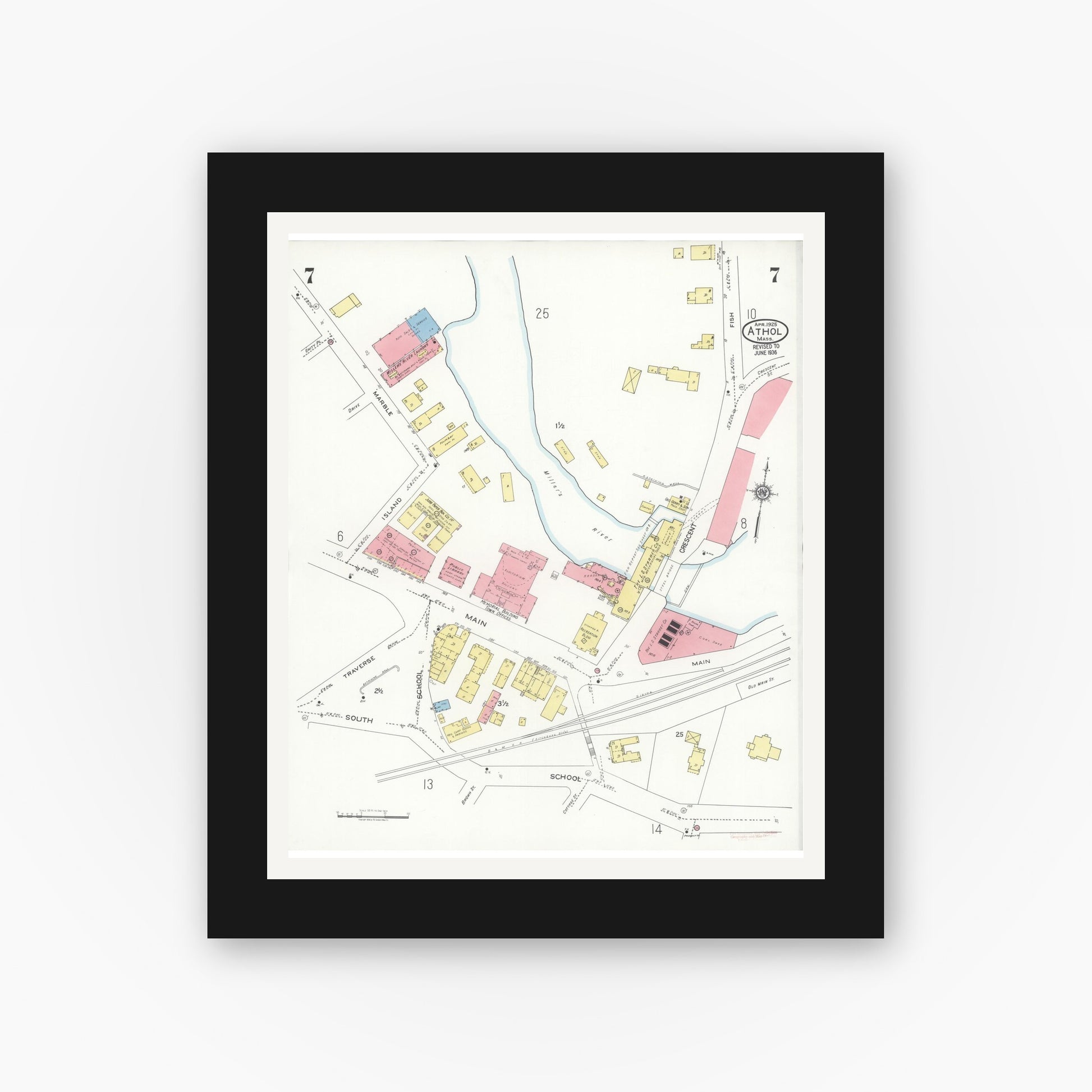 Old map wall art mockup — black gallery frame with white mat — Sanborn Fire Insurance Map from Athol, Worcester County, Massachusetts (1936), Sheet #0007