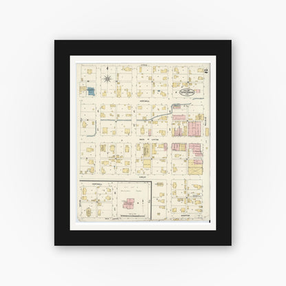 Old map wall art mockup — black gallery frame with white mat — Sanborn Fire Insurance Map from Farmland, Randolph County, Indiana (1907), Sheet #0002