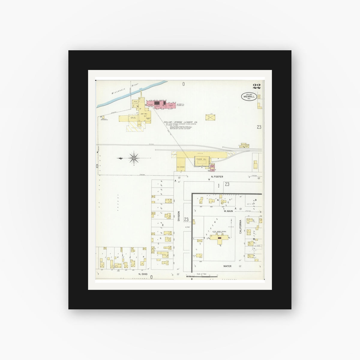 Old map wall art mockup — black gallery frame with white mat — Sanborn Fire Insurance Map from Merrill, Lincoln County, Wisconsin (1907), Sheet #0022