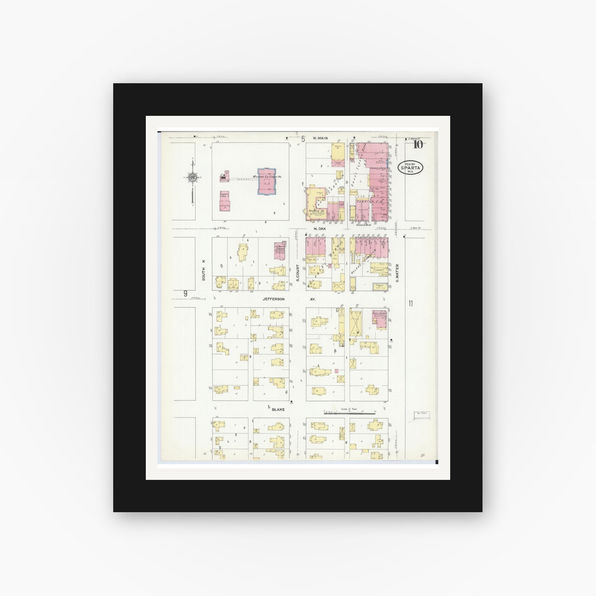 Old map wall art mockup — black gallery frame with white mat — Sanborn Fire Insurance Map from Sparta, Monroe County, Wisconsin (1911), Sheet #0010
