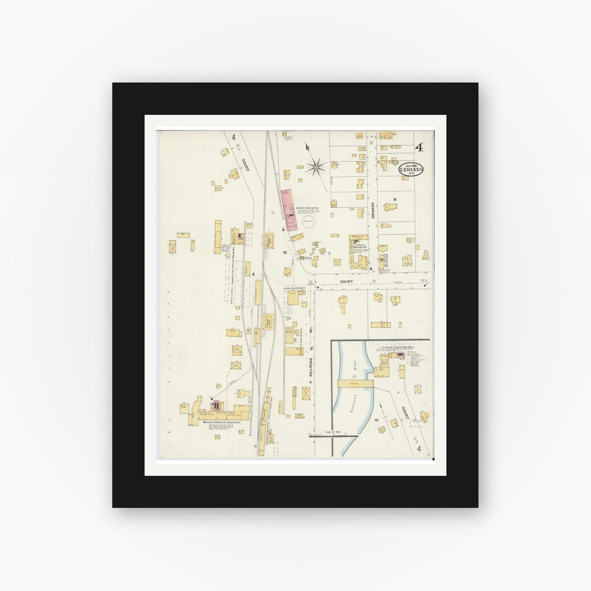 Old map wall art mockup — black gallery frame with white mat — Sanborn Fire Insurance Map from Geneseo, Livingston County, New York (1906), Sheet #0004
