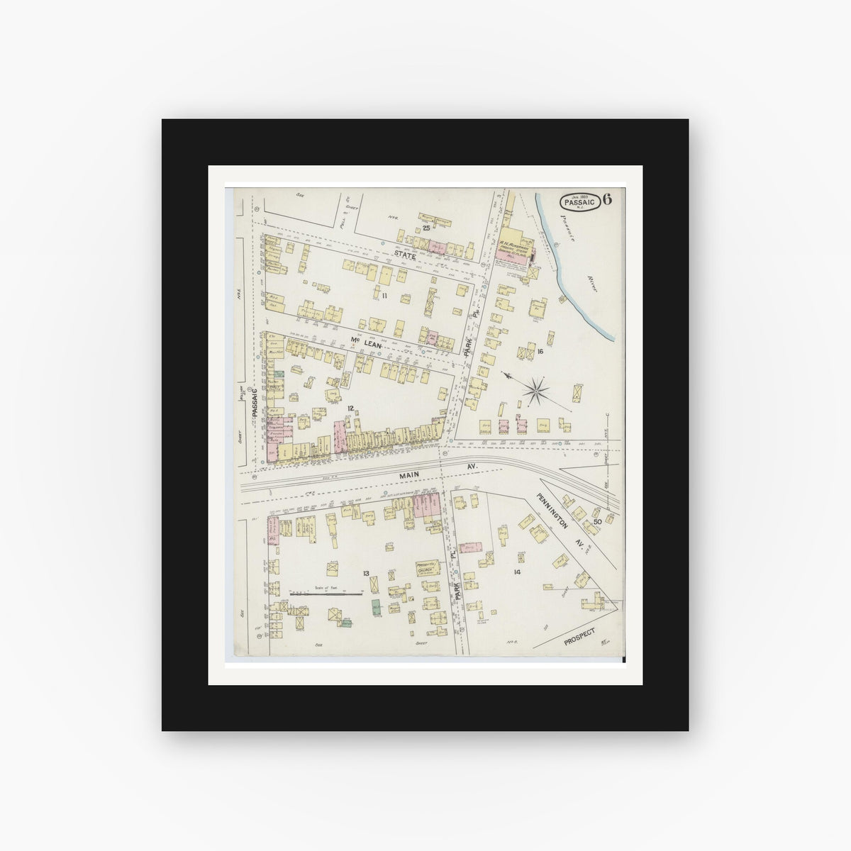 Old map wall art mockup — black gallery frame with white mat — Sanborn Fire Insurance Map from Passaic, Passaic County, New Jersey (1889), Sheet #0006
