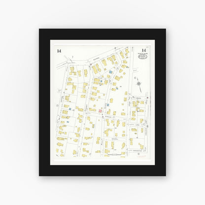 Old map wall art mockup — black gallery frame with white mat — Sanborn Fire Insurance Map from Athol, Worcester County, Massachusetts (1936), Sheet #0014