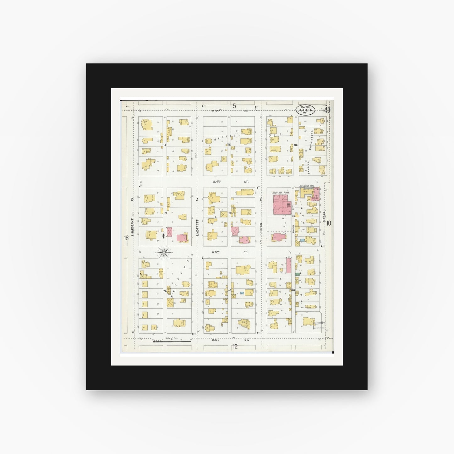 Old map wall art mockup — black gallery frame with white mat — Sanborn Fire Insurance Map from Joplin, Jasper County, Missouri (1900), Sheet #0009