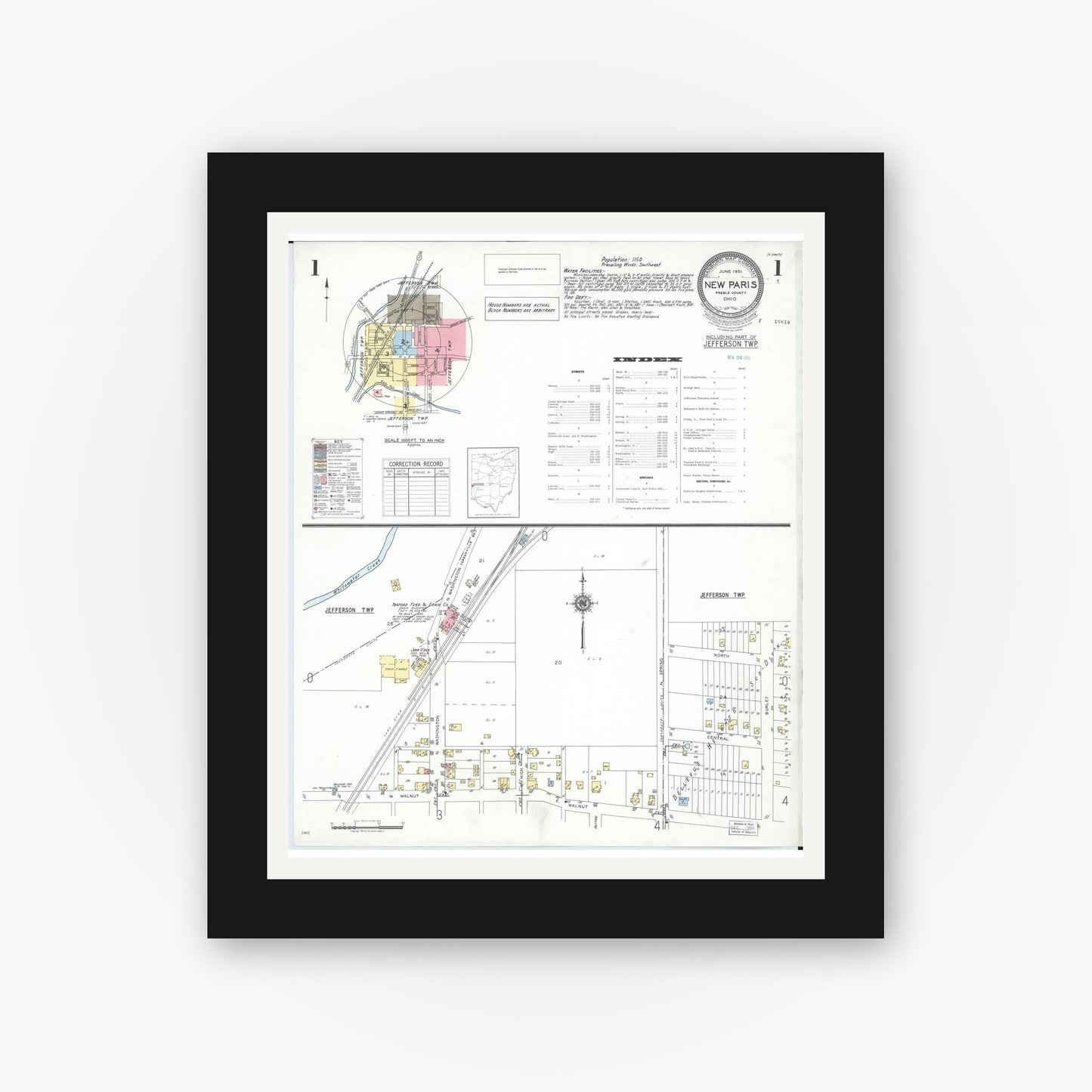 Old map wall art mockup — black gallery frame with white mat — Sanborn Fire Insurance Map from New Paris, Preble County, Ohio (1951) - Complete Map Set