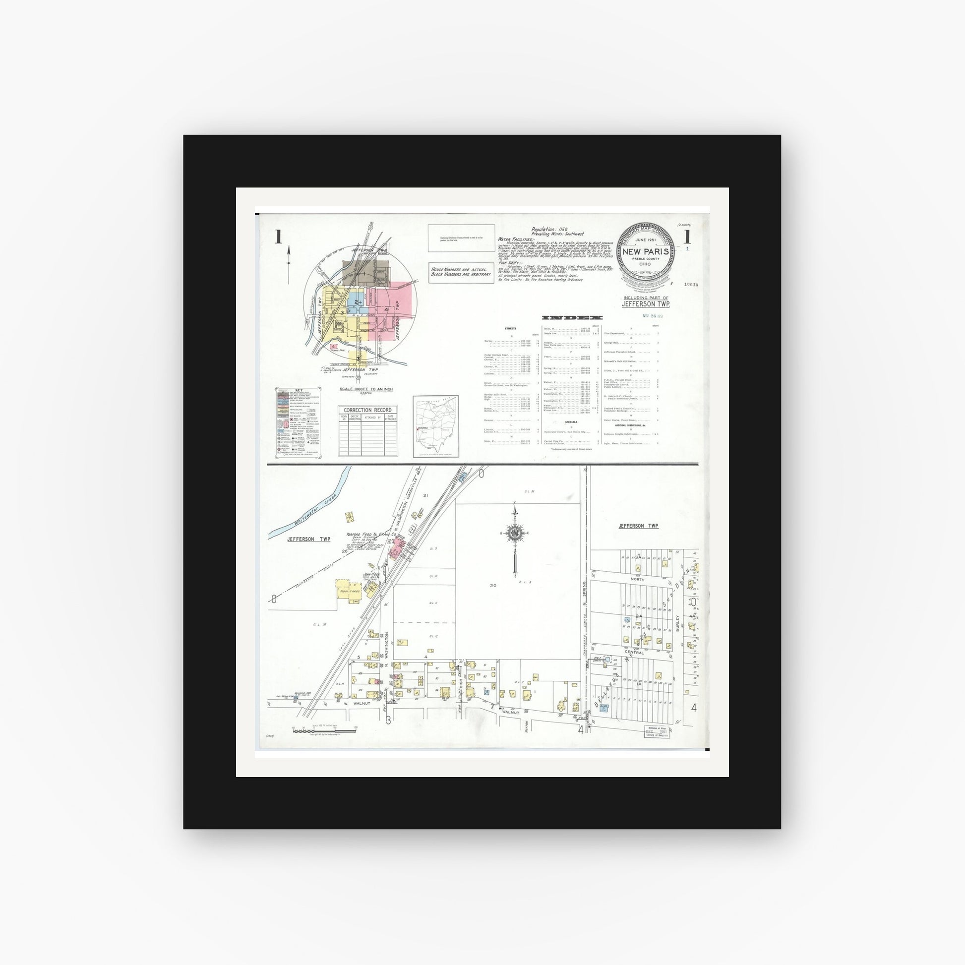 Old map wall art mockup — black gallery frame with white mat — Sanborn Fire Insurance Map from New Paris, Preble County, Ohio (1951) - Complete Map Set