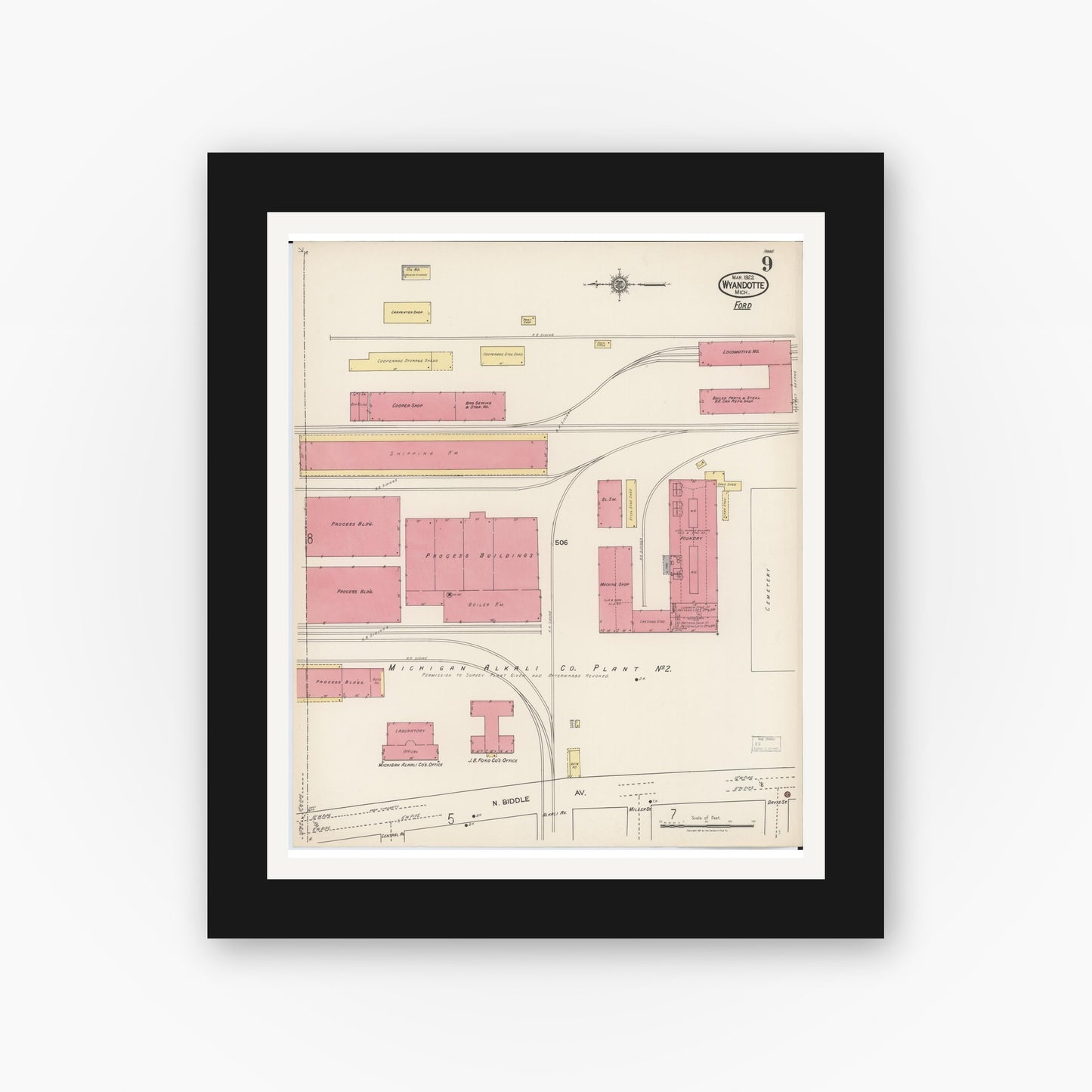Old map wall art mockup — black gallery frame with white mat — Sanborn Fire Insurance Map from Wyandotte, Wayne County, Michigan (1922), Sheet #0009