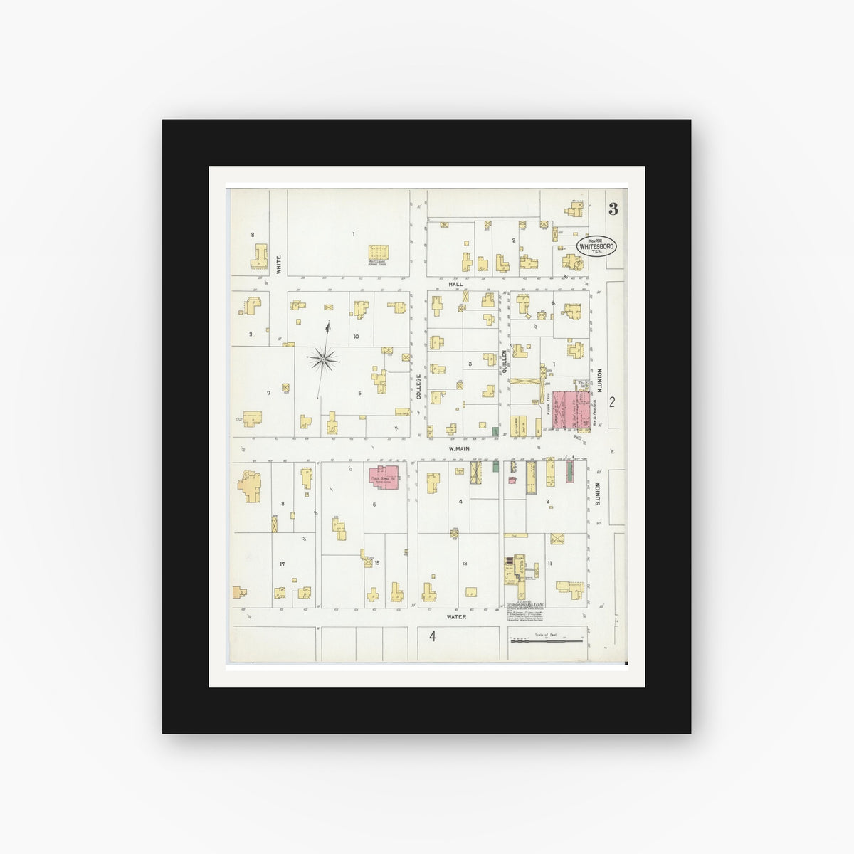 Old map wall art mockup — black gallery frame with white mat — Sanborn Fire Insurance Map from Whitesboro, Grayson County, Texas (1901), Sheet #0003