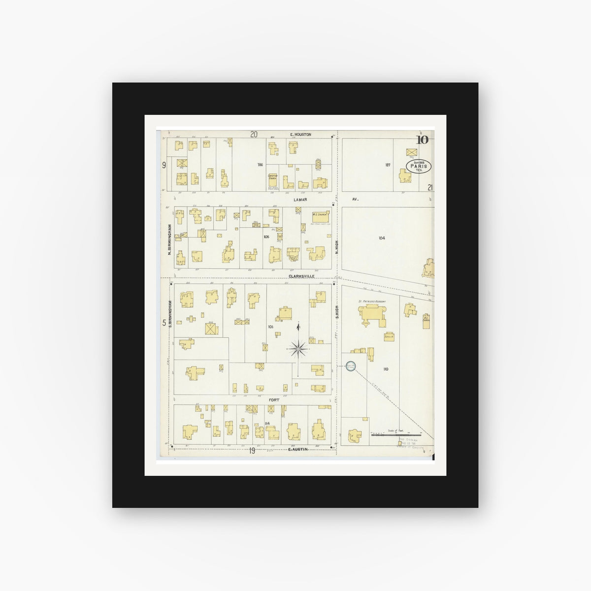 Old map wall art mockup — black gallery frame with white mat — Sanborn Fire Insurance Map from Paris, Lamar County, Texas (1902), Sheet #0010