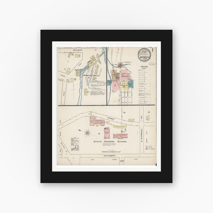Old map wall art mockup — black gallery frame with white mat — Sanborn Fire Insurance Map from Mansfield, Tioga County, Pennsylvania (1885) - Complete Map Set